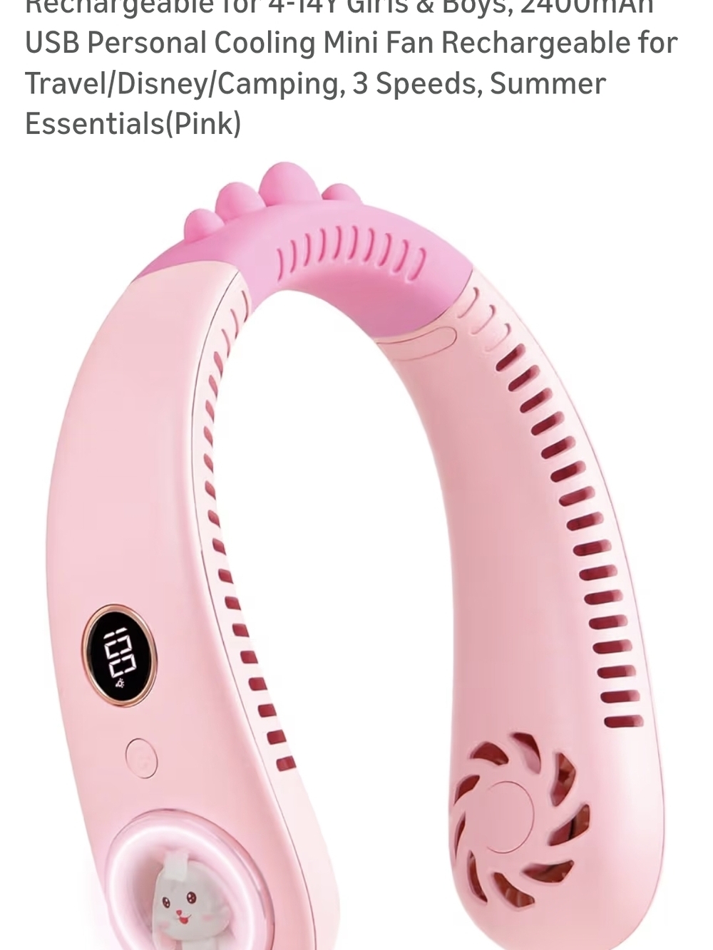 Pink Hands-Free Neck Fan with Digital Display